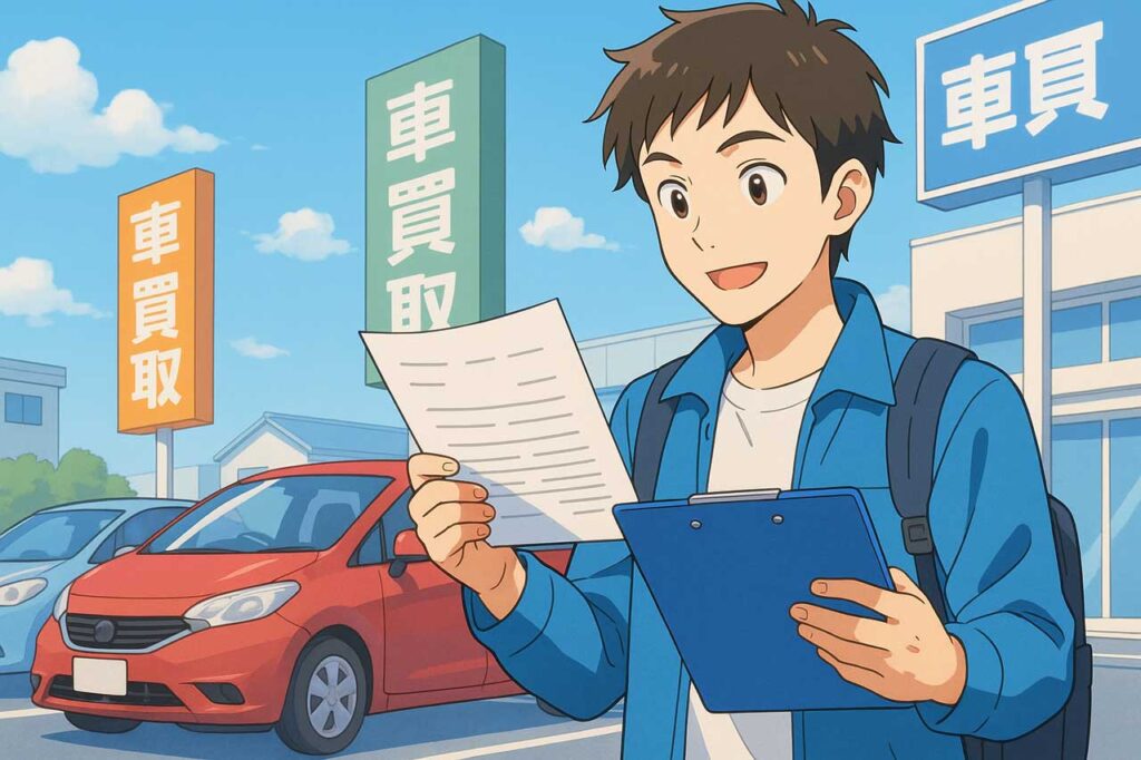 車を売るために複数の買取店を回って相見積もりを取る20代男性