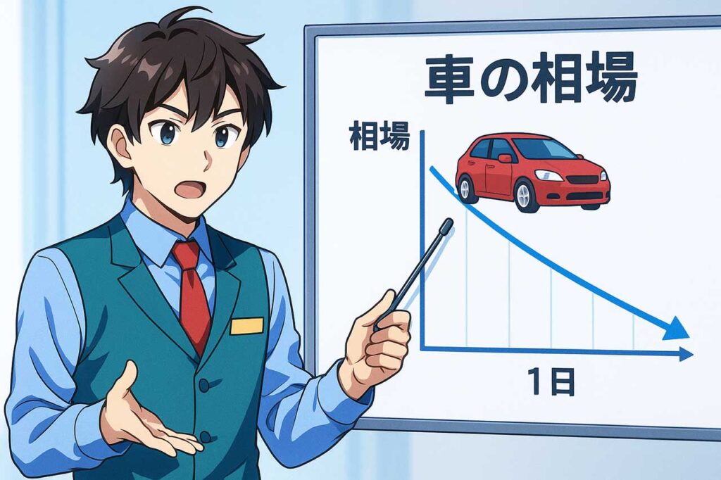車の相場は新車購入時を起点に1日ごとに下がっていき、逆に上がることはないと図解をもとに説明する買取店のスタッフ