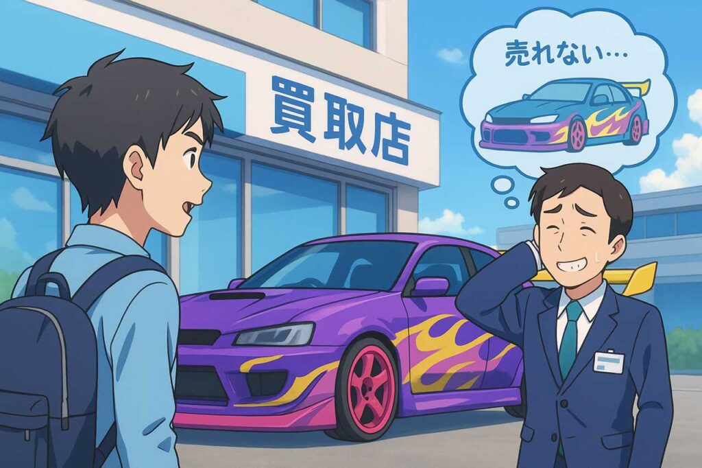 ド派手なカスタムをした車を買取店に持ち込む20代男性、買取店スタッフはその車が売れない未来を予想しながら苦笑いする