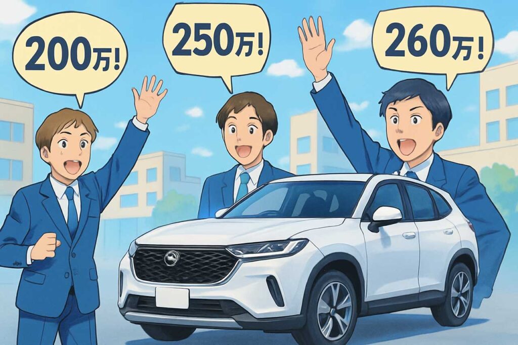 最新のSUVを前に、買取店が3社ほど集まっている。それぞれが手を上げ「200万!」「250万!」「260万!」と価格を競い合っている様子。