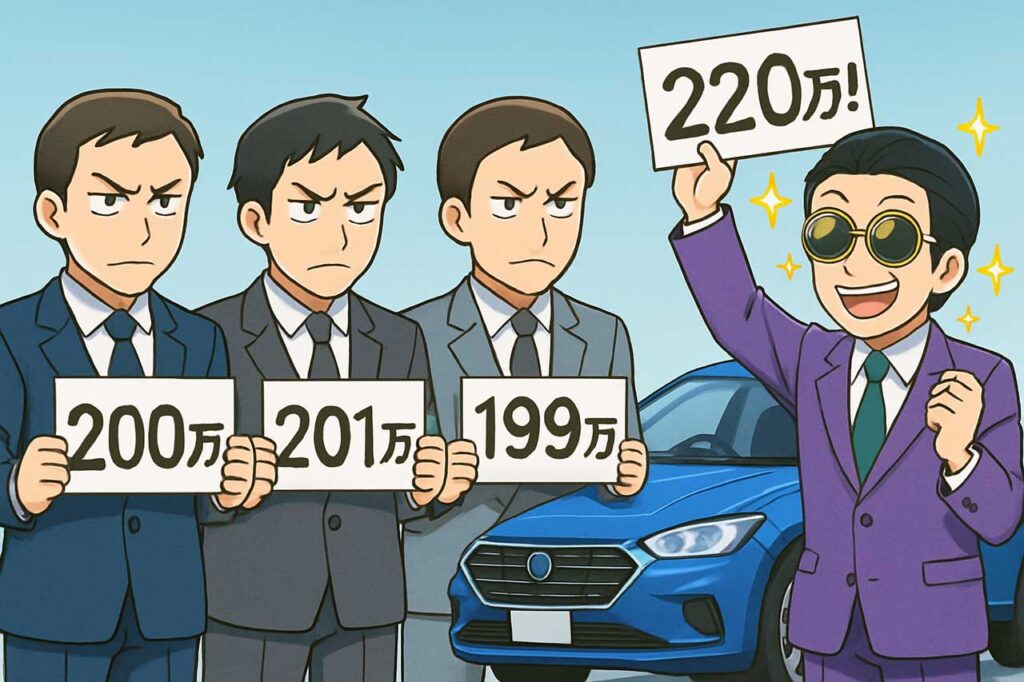 1台の車を前に、険しい顔をしながら「200万」「201万」「199万」と査定額を提示する買取店各社。1社だけキラキラした顔で「220万!」と手を挙げる怪しい見た目の買取店