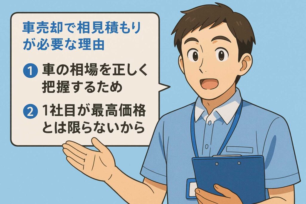 車売却で相見積もりが必要な理由として①車の相場を正しく把握するため②1社目が最高価格とは限らないからと解説する車買取店スタッフ。