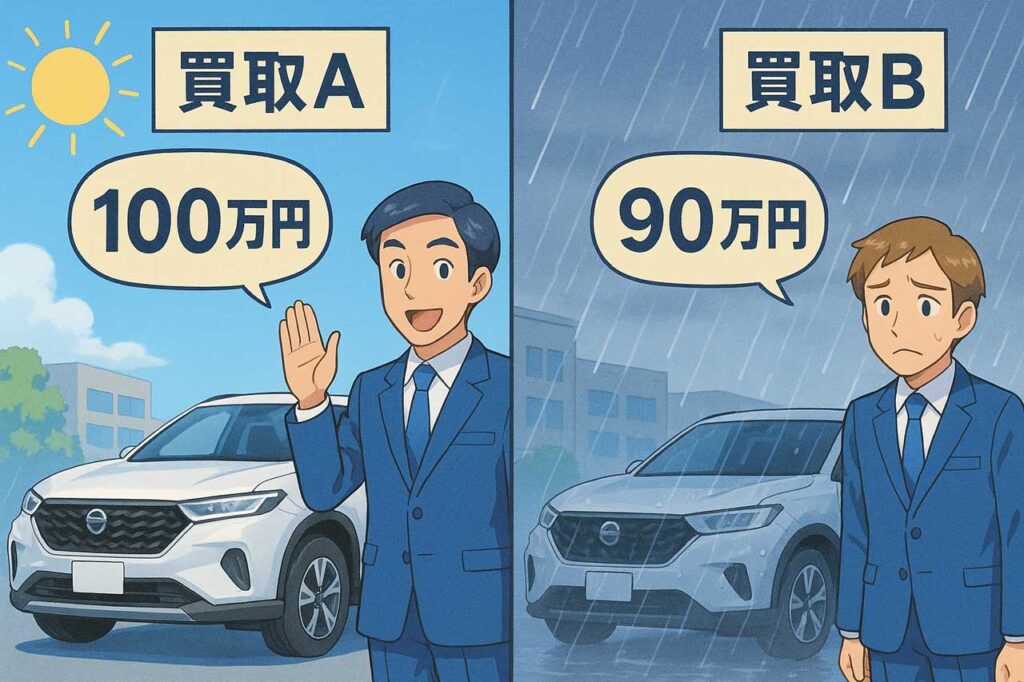 同じ車を晴れた日と雨の日に査定をする買取店AB、晴れている日は視界良好で「100万円」と査定を出しているが、雨の日は視界が悪く「90万円」という査定を出している
