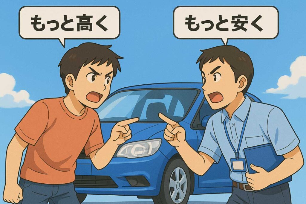 車を前に交渉する20代男性と買取店スタッフ、20代男性は「もっと高く」と言い、買取店スタッフは「もっと安く」と言い合う様子