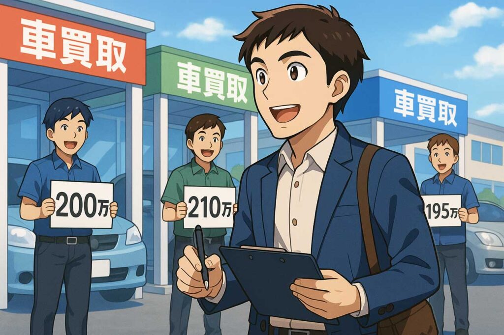 複数の車買取店に査定価格を聞いて回る男性