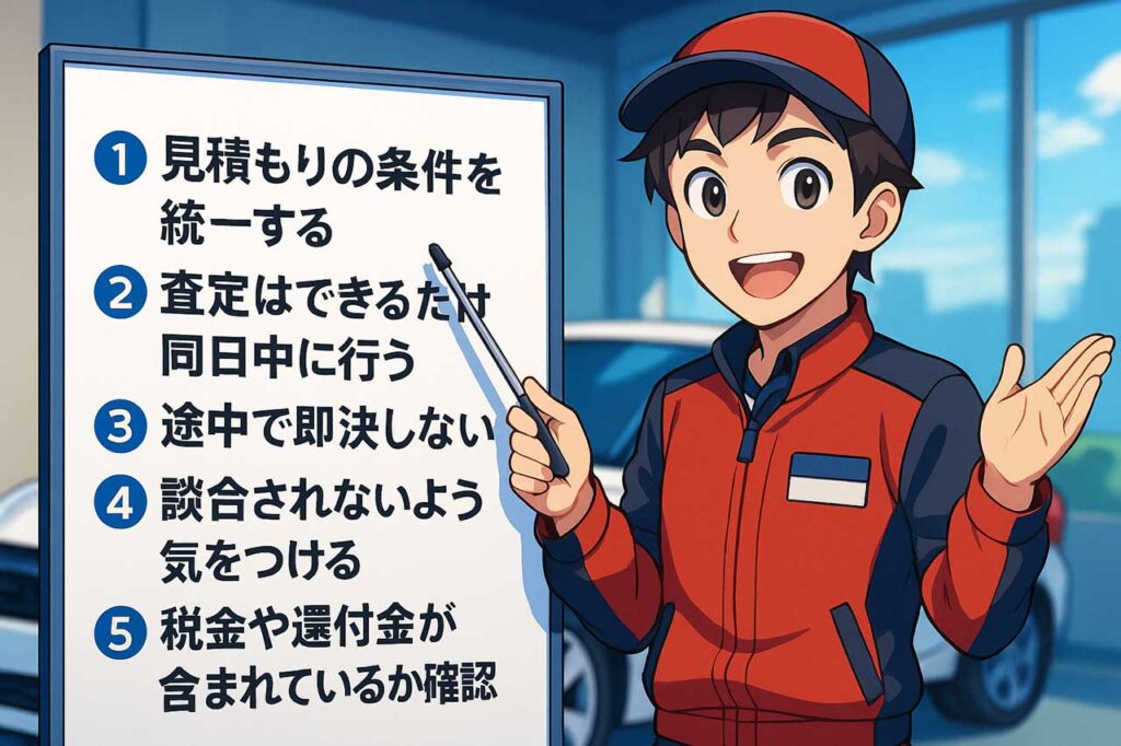相見積もりの際に注意すべきこととして①見積もりの条件を統一する②査定はできるだけ同日中に行う③途中で即決しない④談合されないように気をつける⑤税金や還付金が含まれているかどうか確認するの⑤つのポイントを解説する車買取店の店員