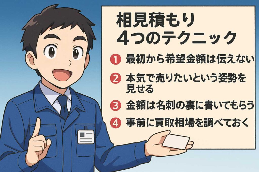 相見積もりの4つのテクニックとして
①最初から希望金額は伝えない
②本気で売りたいという姿勢を見せる
③金額は名刺の裏に書いてもらう
④事前に買取相場を調べておく
という4つのポイントを解説する車買取店の店員