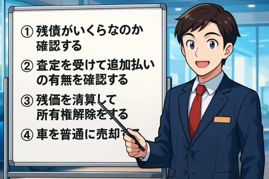 ①残債がいくらなのか確認する
②査定を受けて追加払いの有無を確認する
③残価を清算して所有権解除をする
④車を普通に売却する
と解説する買取店のスタッフ。