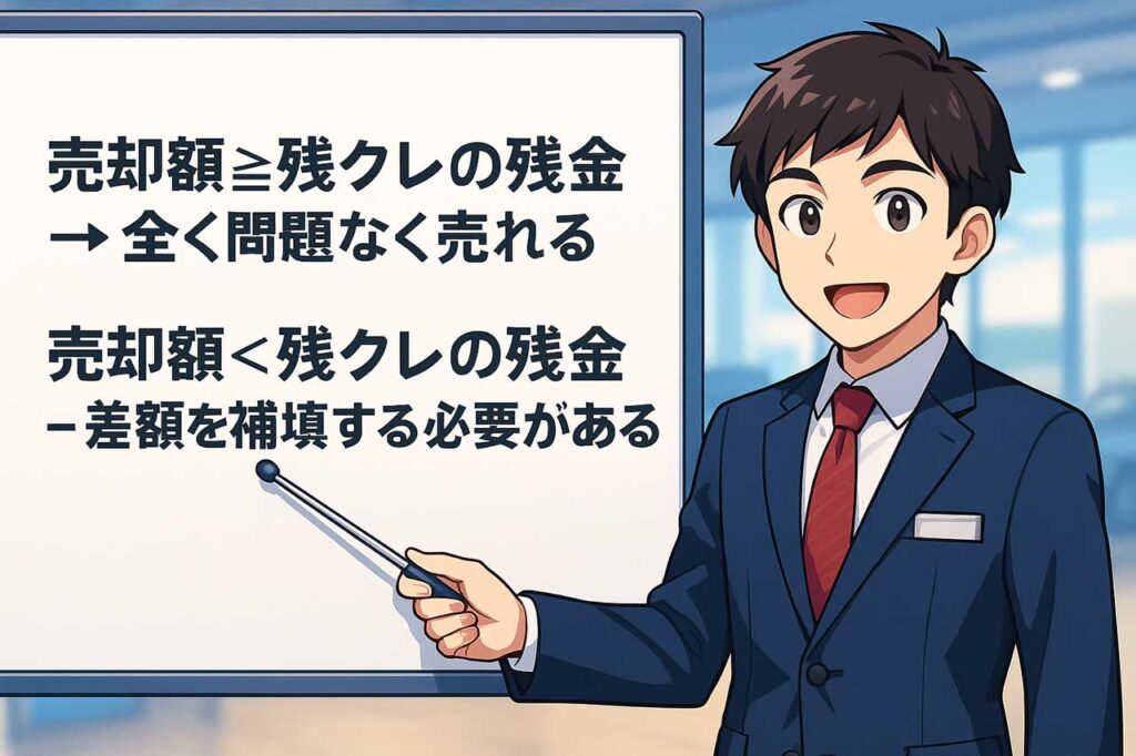 売却額≧残クレの残金→全く問題なく売れる
売却額<残クレの残金→差額を補填する必要がある
と解説する買取店のスタッフ。