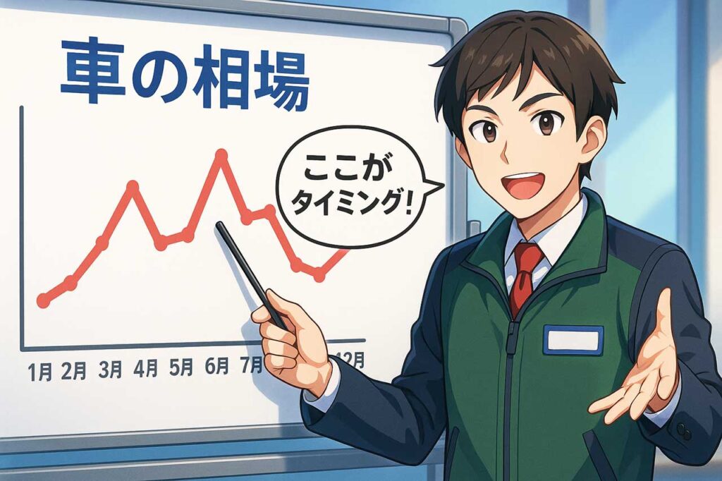 車の相場を解説する買取業者の20代男性。車の相場をグラフにしたものをホワイトボードで解説し、1,2月7.8月が最もグラフが盛り上がっており、そこがタイミングと話す